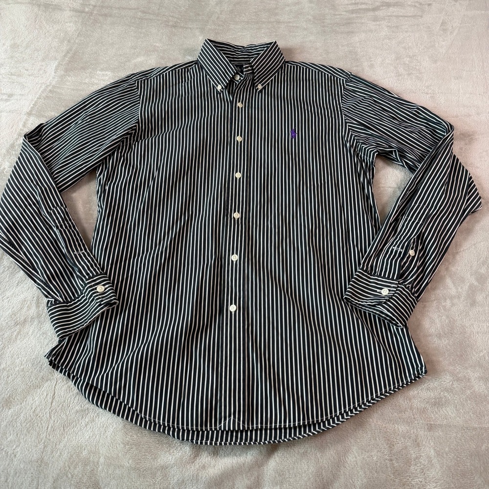 Polo Ralph Lauren Mens Medium Custom Fit Striped Button Down Shirt Black White